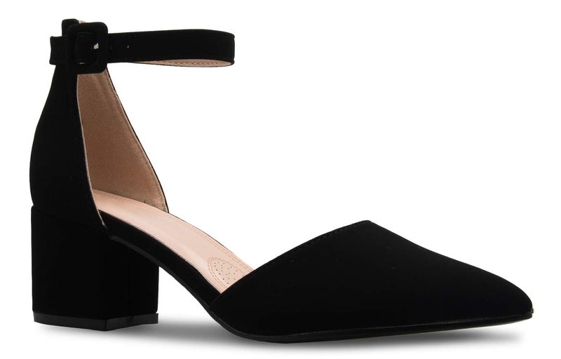 Olivia K Women's Classic Pumps Close Toe Ankle Strap Kitten Heel - Adorable Low Block Heel Black Nubuck - Image 1